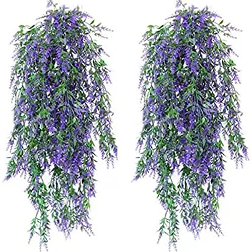 OUKEYI 4 paquetes de plantas de lavanda artificiales colgantes artificiales resistentes a los rayos UV, flores de lavanda falsas para colgar en interiores y exteriores, decoraciones colgantes (morado)