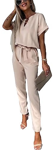 amropi Jumpsuit Damen Elegant Kurzarm Playsuit V-Ausschnitt Casual Lose Overalls Lang Romper Kaki,S