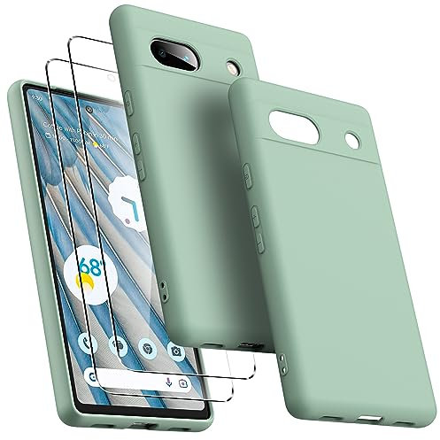 Oududianzi Coque pour Google Pixel 7a avec 2 protecteurs d'écran en Verre trempé, Housse de téléphone protectrice Slim en Silicone Liquide Antichoc pour Femmes/Hommes - Vert Matcha