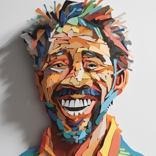 Acryl-Bild 100 x 100 cm: Das Gesicht eines Mannes ist mit bunten Papierapplikationen auf weißem Hintergrund bemalt. (203854872)