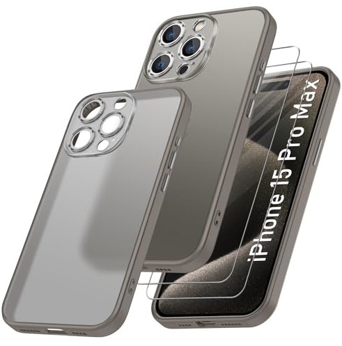 Qasyfanc Matt Handyhülle Kompatibel mit iPhone 15 Pro Max, Hülle mit Kameraschutz und 2 Stück Schutzfolie, Hard PC Nie Vergilbung Case Militärschutz Kratzfest Schutzhülle, Titan Natur