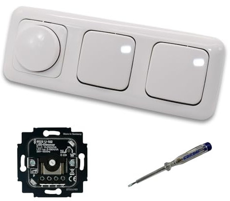 Busch Jäger 6523U-102 LED Drehdimmer Dimmer + Dimmerscheibe 2115-214 und 2 x Lichttaster 2020 US in Reflex Si alpinweiß glänzend inklusive EBROM Phasenprüfer zur Montage der Geräte 6523 U – 102