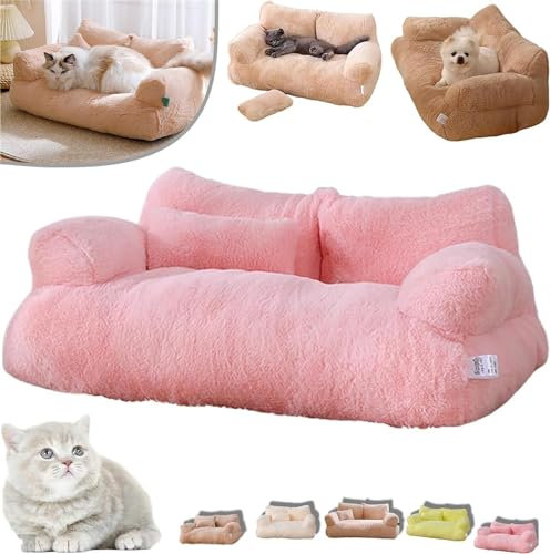 Calming Pet Sofa,2024 New Calming Pet Sofa Slicier,Calming Dog Bed Fluffy Plush Pet Sofa,Washable Puppy Sleeping Bed Cat Couch Pet Sofa Bed,with Removable Washable Cover (M, Pink)