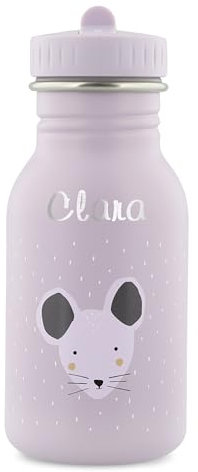 Trixie Gourde pour enfant, motif de souris, personnalisable, 350 ml, en acier inoxydable, avec nom, pour filles et garçons, anti-fuite et adaptée aux enfants