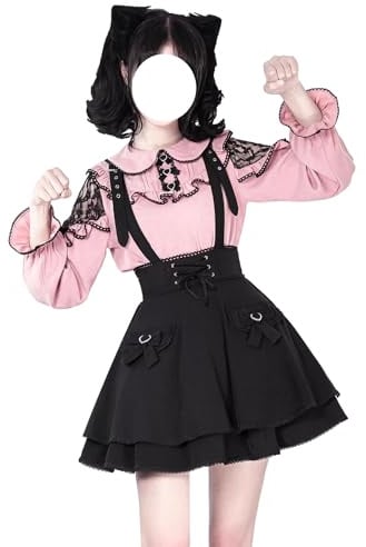 Cuteighteen Goth Minigonna Adolescenti Vita Alta Y2K Carino Pizzo Lolita Una Linea Flare Kawaii Bretelle Gonne con Fiocco