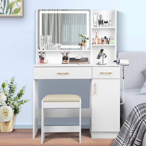 QUALIKRAFT - Wickeltisch Set mit Spiegel und Lichtern, Wickeltisch mit Schubladen, Wickeltisch mit Ladestation, Wickeltisch mit Stuhl, Wickeltisch mit Ablage, Wickelunterlage weiß,