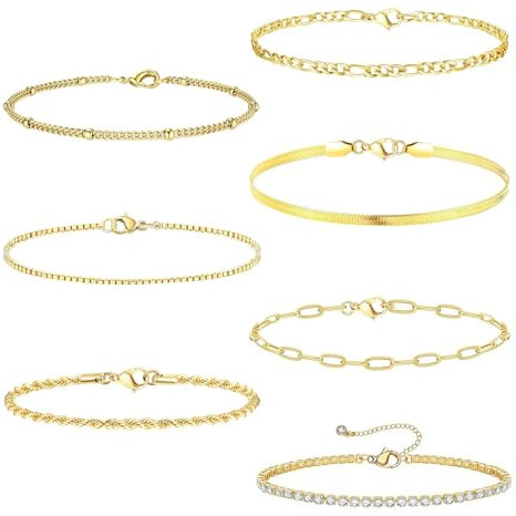 Carreneu 7Pcs Armband Gold Damen Armband Gold Gold Armband Damen Armbänder Gold Damen Schmuck Gold Goldene Armbänder Verstellbares Modeschmuck Armband Set Wasserdichtern Gold Schmuck für Damen