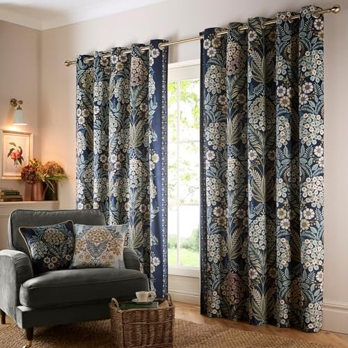Appletree Navy Blue Botanical Curtains W90 x L72 (229 x 183cm) - Dark Blue Eyelet Drapes With Flowers - Vintage Floral for Bedroom & Living Room - Blue Door Curtain