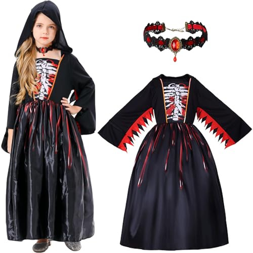 LCXYYY Hexen Kostüm mit Halskette Mädchen Fasching Verkleidung Mittelalter Gothic Vintage Vampir Königin Böse Hexe Skelett Kleid mit Kapuze Halloween Karneval Geburtstag Party für Kinder 5-14 Jahre