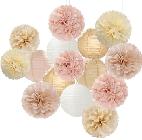 Champagner-Gold-Weiß, Party-Dekorationen, Papierblumen, Laternen – 15 Stück, Boho-Stil, rustikale Seiden-Pompons, Luftschlangen, Hochzeit, Baby, Brautparty, neutraler Herbst, Geburtstag, Hängezubehör,
