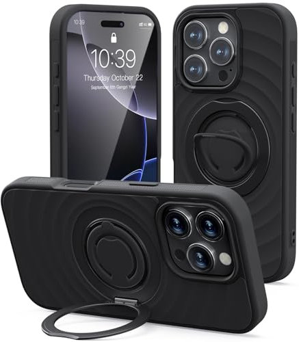 Mowei Compatible with iPhone 16 Pro Max Case, Magnetic Dual 360° Comfort Ring Grip Holder Stand, Military-Grade Drop Protection with Built in Kickstand, Anti-Slip Edge-Charcoal Black