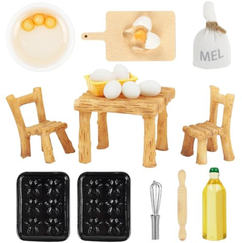 Wichtel Zubehör Backen, Miniatur Küche Backset, 19 Stück Miniatur Wichtel küchenspielzeug Zubehör, Mini Eier, Tisch, Nudelholz, DIY Puppenstubenzubehör, Miniatur wichtelzubehörsetdeko für Puppenhaus