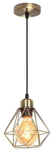 iDEGU Vintage Pendelleuchte Schwarz 16cm Industrial Hängelampe aus Metall Lampenschirm Käfig Design Retro Lampe E27 1-flammig Hängeleuchte für Esstisch Flur Küche Schlafzimmer (Messing Fassung)