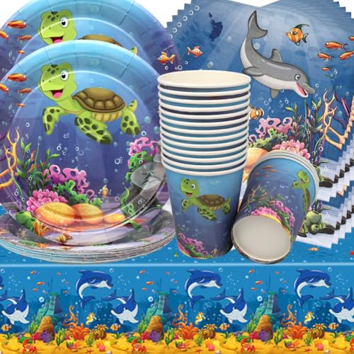 Vajilla de Cumpleaños de Animales del Océano,Doyomtoy 53 piezas Decoración de Mesa de Cumpleaños Océano Platos Cumpleaños Servilletas Vasos para Fiesta de Cumpleaños para Niños