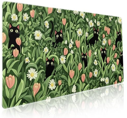 Kawaii Tapis de souris de jeu motif plante verte XXL mignon chat noir fleur Cottagecore Grand tapis de bureau étendu Base en caoutchouc antidérapant bords cousus Long tapis de souris pour ordinateur
