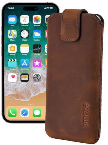 Suncase ECHT Ledertasche Leder Etui *Slim-Edition* kompatibel mit iPhone 16 Pro (6,3 Zoll) Hülle (mit Rückzugsfunktion und Magnetverschluss) in antik-Coffee