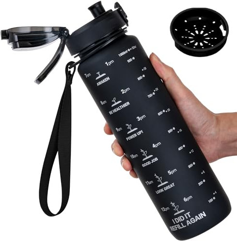 GOPPUS 1L/32oz Tritan Water Bottle (No Straw)-Soft Matte Finish Drink Bottle with Measurements Bottles with Lockable Flip Top Motivational Bottles with Time Marks for Adults BPA Free (Black)