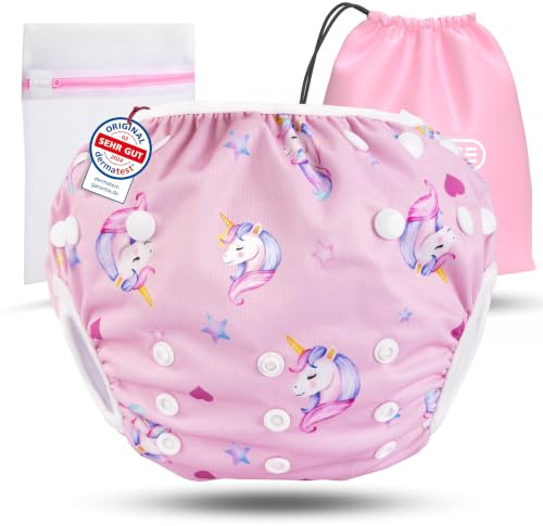 KIDVERSE pannolini acquatici baby costume da bagno 0–3 anni – pannolino piscina neonato regolabile e delicato sulla pelle – pannolino da nuoto con borsa e rete per lavaggio | Pannolino da nuoto riutilizzabile, delicato sulla pelle, testato Dermatest, costume da bagno regolabile per bambini e bambine