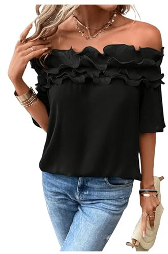 GORGLITTER Women's Off Shoulder Tiered Ruffled Blouses Short Sleeve Loose Tunic Shirt Tops Black X-Large