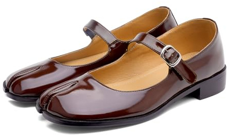 VOZTOLLS Tabi Mary Jane Shoes Women Split Toe Ankle Buckle Strap Womens Flats Comfort Casual Dressy Party School Work Dress Pumps Shoes, Dark Brown, 7 UK