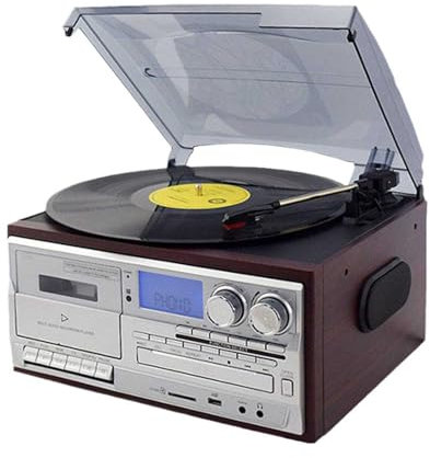 Vinyl Record Player with Built-in Speakers, Retro Bluetooth Turntable with CD/Cassette Player, Less Noise, Frosted Dust Cover