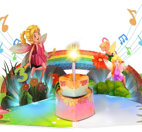 Geburtstagskarte für 3 Jahre Mädchen, 3D Fee Geburtstagskarten mit Musik, Pop-up Singende Karte Geburtstag mit LED Licht Kerze für 3 Jahre Mädchen, Tochter, Enkelin