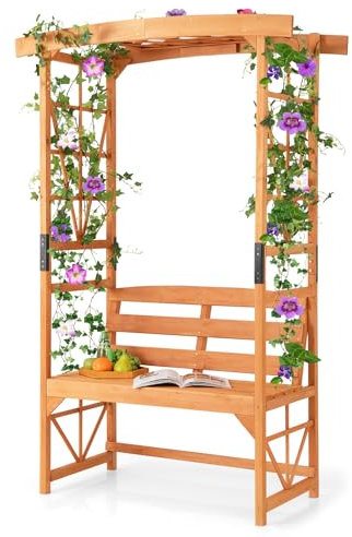 GOPLUS Arche Jardin avec Banc Exterieur, Banc et 2 Treillis pour Plantes Grimpantes, Vignes, Raisins,2 Places, pour Fête, Mariage (58x120x189CM)