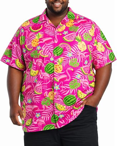 King Kameha Hawaii Hemd Männer Plus Size - Funky Hawaiihemd Herren Kurzarm mit Flamingo-Melonen Print - Ideal für Urlaub & Strand