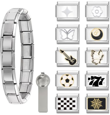 Menore Italian Charm Bracelet, 12PCS Italian Charms Armband Set mit Öffnungswerkzeug und Armband, DIY Abnehmbar 9mm Edelstahl Module für Italienische Armbänder, Geschenk für Frauen Mädchen