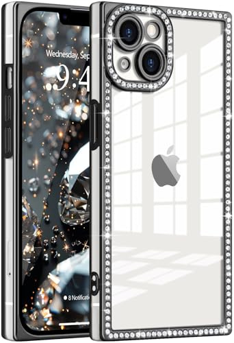 ROSEHUI Clear Glitter Phone Case for iPhone 15, Black | Sparkly Rhinestones Soft TPU, Plating Rectangle Bumper, Camera Protection, Cute Transparent Shockproof Cover for Women Girls