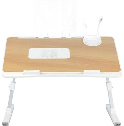 HUOLE Plateau de Lit, Pliable, Table de Lit pour Ordinateur Portable, inclinable avec Refroidisseur/Ports USB/Tiroir,Réglable en Hauteur et Angle, pour Canapé/Bureau/Sol,60 * 40 * 26-39cm-Noyer