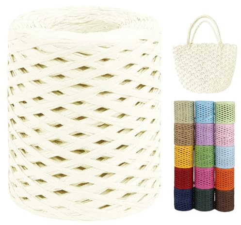 LEREATI Raffia Garn zum Häkeln von Taschen, 3mm x 200m Flach Papierdraht Bast Band Natur Paketschnur Papiergarn Raffia Bast zum Häkeln Handtasche, Körbe, Hüte, Geschenkverpackung (Milchig Weiß)