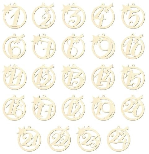 Holz Adventsanhänger Zahlen - aus Pappelsperrholz im Set zu 24 Stück in der Größe von 5-20cm, zum Basteln und Dekorieren, Größe:7cm, Weihnachtsschmuck:Set mit 24 Stück