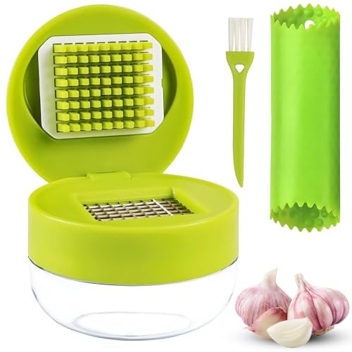 Bogoro 3 Set Knoblauchschneider Knoblauchzerkleinerer Mini mit Silikon Knoblauchschäler & Reinigungsbürste Langlebig und Leicht zu Reinigen Knoblauch Zerkleinerer(Edelstahl + Kunststoff)