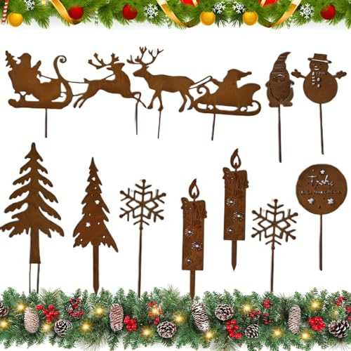 LOEPENLE Garten Roststecker Metall Adventskranz Rost Dekostecker Winterwald Rost Gartendeko Stecker Rostoptik Gartenstecker Garten Metallstecker zum Advent Weihnachten Deko,Gartenstecker Weihnachten