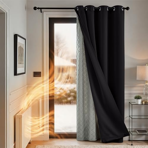 TOPICK Black Blackout Thermal Curtain with Removable Insulate Layer W52xL84 | 1 Panel, Windproof, Soundproof Eyelet Curtains, 2 Layer Thick Microfiber Lining for Bedroom, Living Room, Door, Window