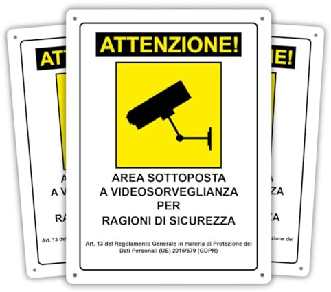 AGRICOM Cartelli Area Videosorvegliata 15x20 cm | Set 3 Pezzi in Polipropilene con Biadesivo Alta Tenuta e Fori | Esterno ed Interno, Resistente Agenti Atmosferici | Conforme Normativa