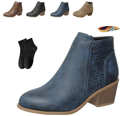 Botines ortopédicos gruesos de cuero para mujer, tacón medio, sin cordones, para otoño e invierno, tacón bajo, punta puntiaguda, soporte de arco, botines cortos con cremallera lateral, botas ligeras