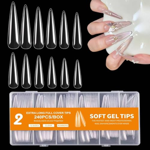 MtnLaur 240Pcs Extra Long Stiletto Nail Tips, 12Sizes No C Clear Stiletto Nail Tips, XXXL Fake Acrylic Nails, French Acrylic Straight Clear Nail Extension, for Beginner and Professional Home Salon DIY