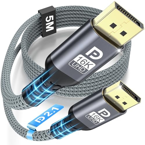 NORSHY Cable DisplayPort 2.1 16K, Cable DP 5M, 16K@60Hz, 8K@120Hz, 4K@240Hz/165Hz/144Hz 80Gbps, HDR, FreeSync, G-Sync, DSC 1.2a, HDCP 2.3 para Gaming PC Monitor TV Pantallas de Juego