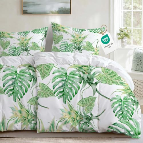 HOMHOMHA Bettwäsche 135x200 4teilig-Grüne Blätter， Kissenbezug 2x80x80cm | Atmungsaktive Microfaser Bettwäsche-Sets mit Reißverschlus， Oeko-TEX Zertifiziert-pflegeleicht und hautfreundlich