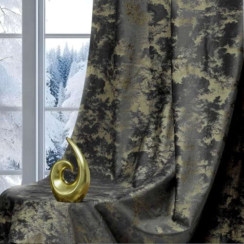 Samtvorhang Kräuselband 2er set, Luxus Vorhänge Verdunkelung Samt, Velvet Gardinen Blickdicht Curtains mit Goldfolie Blätter Muster, Thermovorhang Wohnzimmer Schlafzimmer(H244xB132CM, Dunkelgrau)