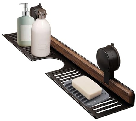 Étagère Murale De Salle De Bain – Étagère À Ventouse en Noyer pour Salle De Bain, Cuisine, Porte-Savon pour Peigne, Articles De Toilette, Cuisine, Douche, Éponge, Maquillage, Appartement