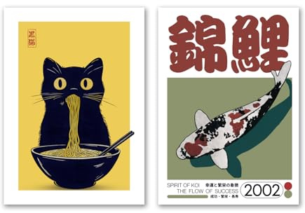SALVADERO 2er Japan Poster Set Cat & Koi – Grafische Kunst, Wanddeko ohne Rahmen (Cat & Koi - 2er Set, 42L x 30B cm)