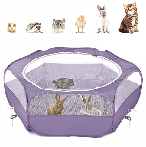 Pawaboo Kleintiere Freigehege, Wasserdicht Faltbar Kaninchen Freilaufgehege für Hasen Hühner Kätzchen Welpen Kaninchen Hamster, Visuell Laufstall mit Netz Reißverschluss und Nylonboden - Lila