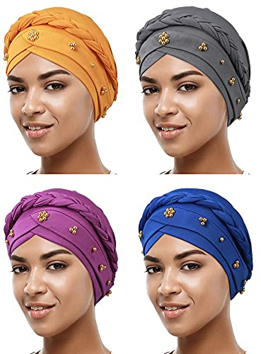4 Stück afrikanische Frauen Turban Cap Perlen Kopftuch Beanie Twisted Braid Wrap Hut Faux Pearl Headwrap - -