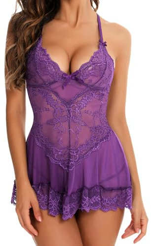 RSLOVE Lingerie Sexy pour Femme Nuisette en Dentelle Chemise en Maille Vêtements de Nuit Bridal Mini Robe Violet M