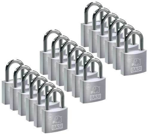BASI | Vorhangschloss 18er Set | 30 mm | gleichschließend | massives Aluminium-Gehäuse | gehärteter Stahlbügel | sicheres Vorhängeschloss gleichsperrend | Bügelstärke 5 mm | 18 Stück