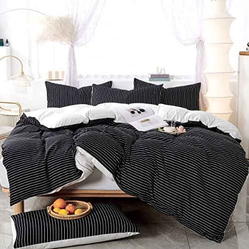 GETIYA Geometrische Bettwäsche 155x220 3Teilig Streifen Bettwäsche Mädchen Damen Bettbezug Gestreift Muster Weich Microfaser Bettwäsche Schwarz Weiß Wendebettwäsche mit 2 Kissenbezug 80x80