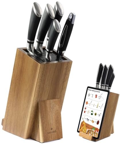 Navaris Porte-Couteaux Bois - Bloc de Rangement à Couteau Universel en Acacia 26,2 x 18,7 x 12,5 cm - Bloc Couteau de Cuisine Vide avec Tiges Plastique et Support Téléphone